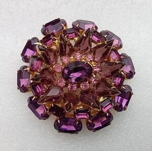 Vintage West Germany Purple and Lavander Domed Rhinestone Gold  Brooch